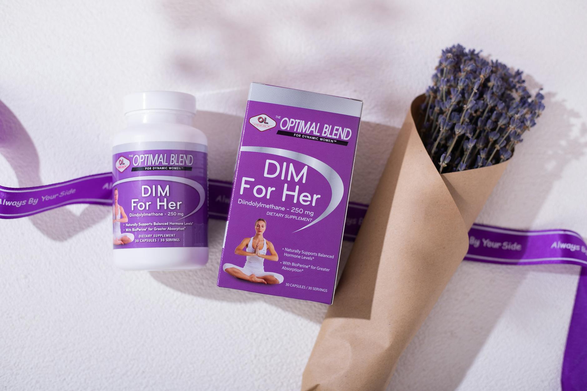 A purple-themed dietary supplement with gift-wrapped lavender flowers enhances natural wellness. — Atrium Scientific Group